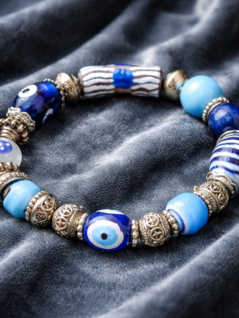 Boho Blue Glass Bead Bracelet with Evil Eye Accent & Tribal Krobo Hand Painted